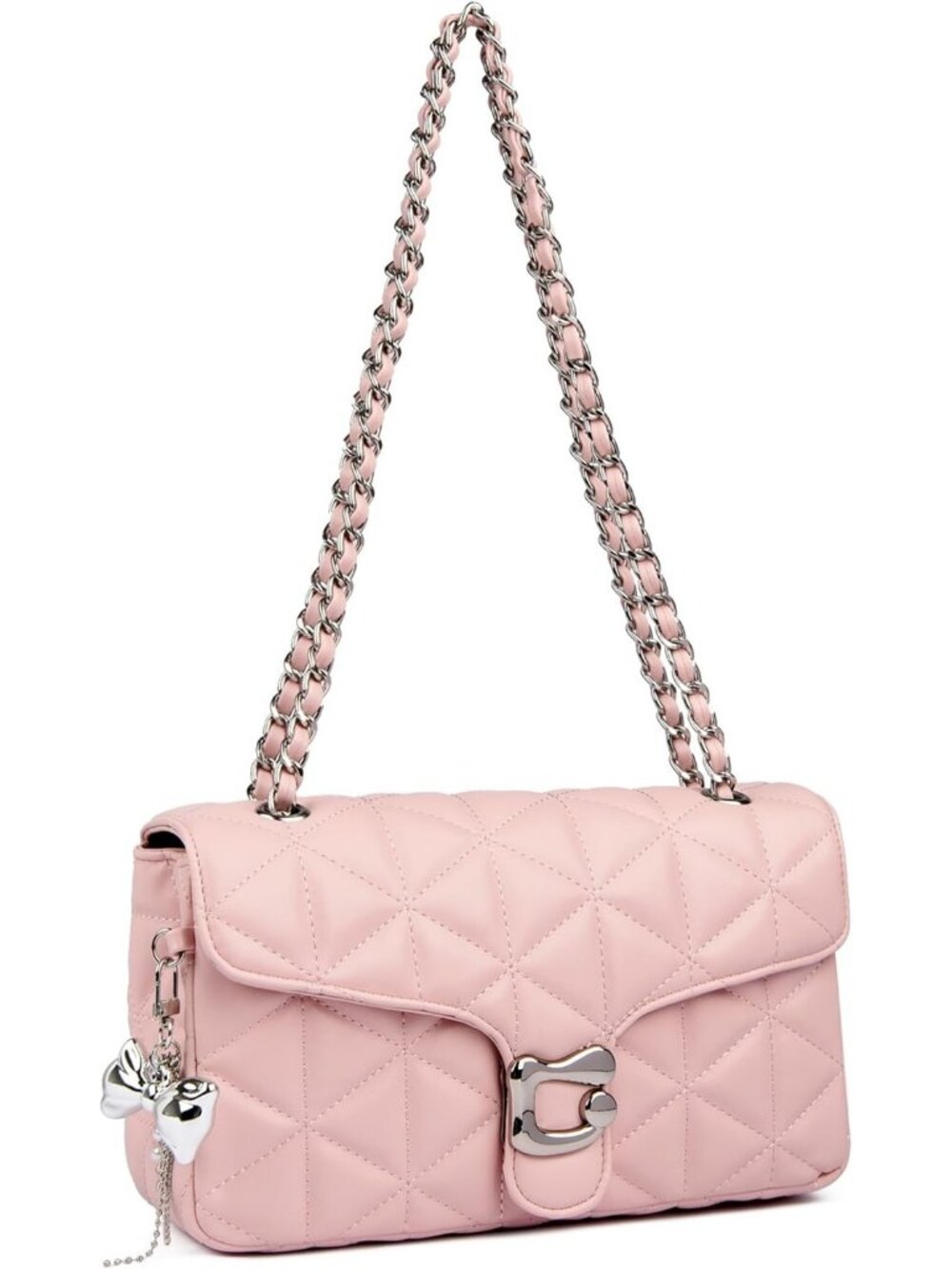 Women's Pink Quilted Crossbody Bag Vegan Leather Chain Shoulder Purse